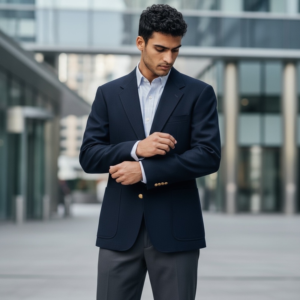 Hill&Archer Men’s Navy Blue Blazer Sport Coat 44L Gold Crest Buttons Classic Fit